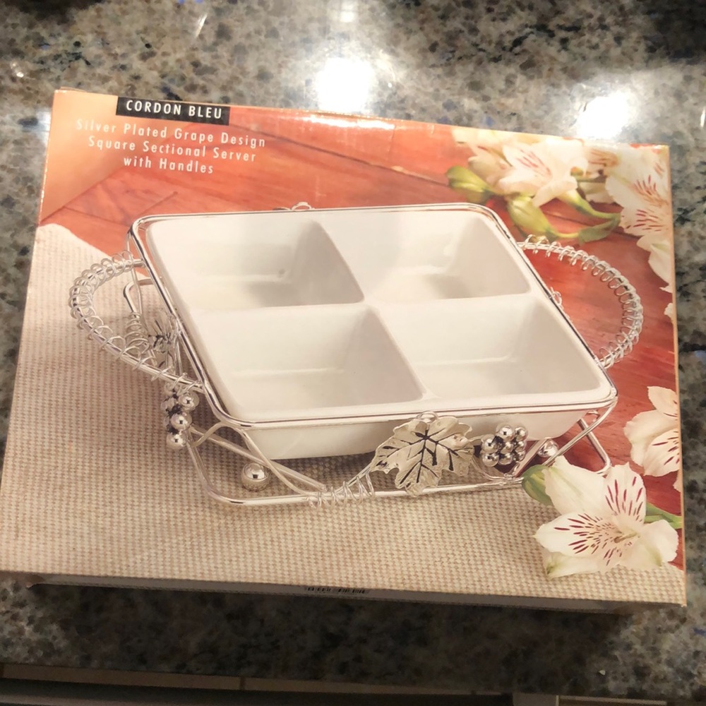 Vintage Silver Plated Grape Vines Leaves and White Ceramic Dip Tray Gordon Blue